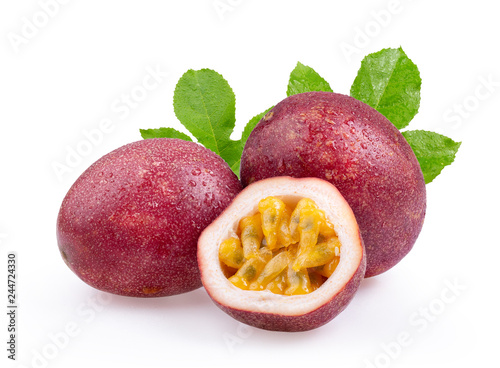 Passion fruit with leaf isolated on the white background