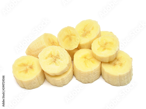 Bananas rings cut isolated on white background. Pieces, tropical fruit. Sliced. Flat lay, top view