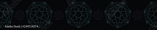 Geometrical symbol shape. Seamless repeating vector border. Glowing dark purple green light. Black esoteric banner ribbon. Spiritual concept. Sacred geometry drawing. Universal metaphysical harmony.