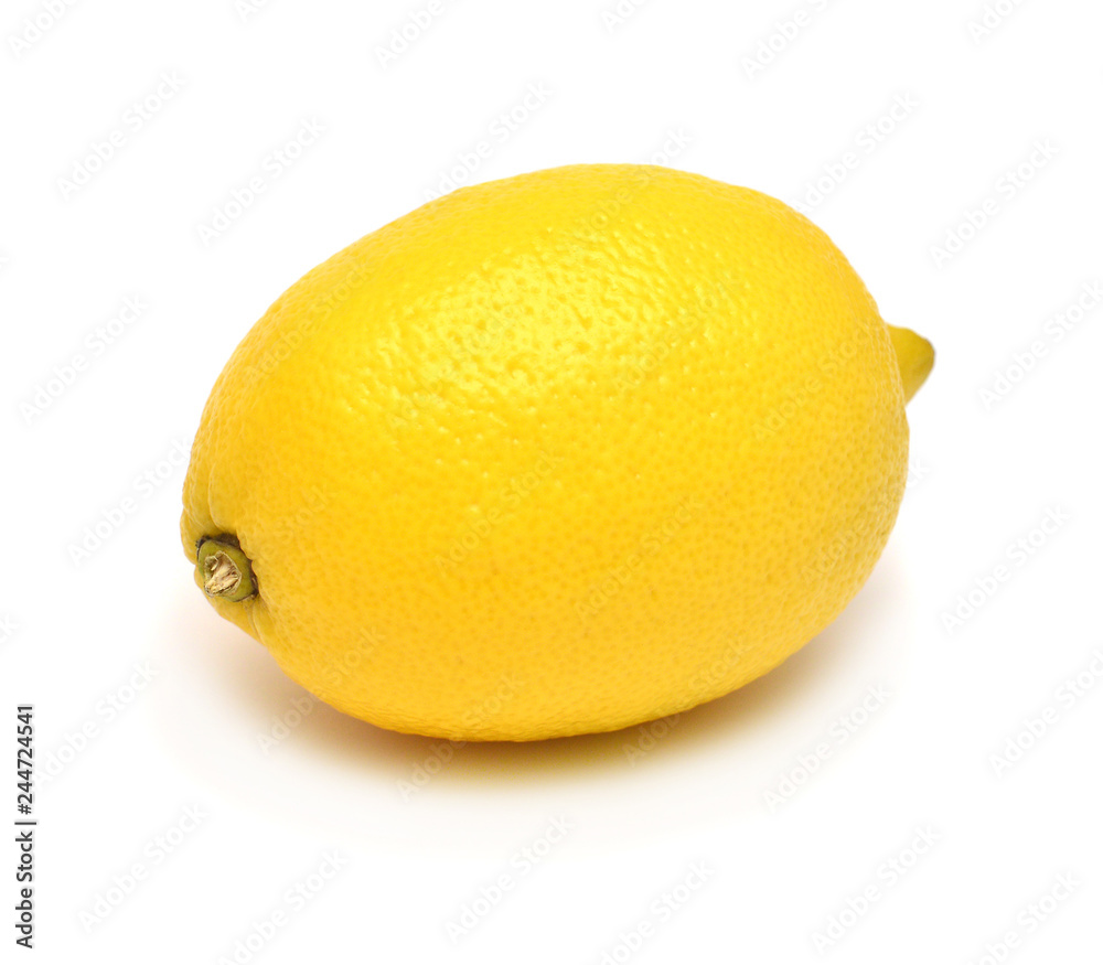 One lemon isolated on white background. Tropical fruit. Flat lay, top view One lemon isolated on white background. Tropical fruit. Flat lay, top view