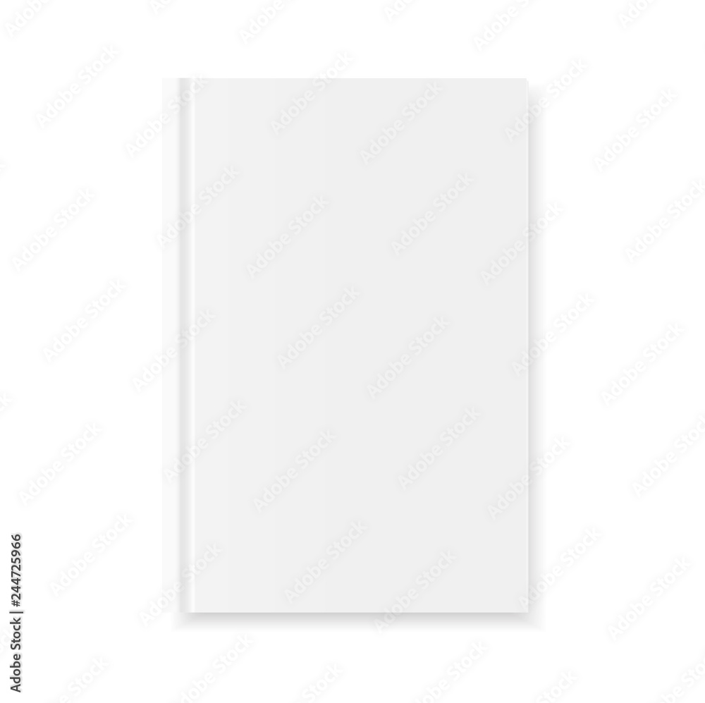 Vector realistic empty book template. Vertical mockup of magazine or diary on white background. 3d vector illustration.