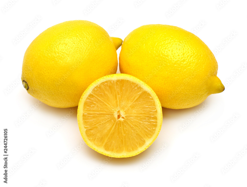 Lemons creative whole and half isolated on white background. Yellow fruit. Flat lay, top view
