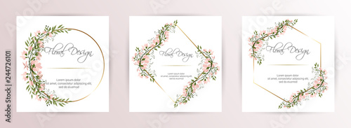 Frame on flower background. Wedding Invitation  modern card Design. geometric golden frame print. eps 10.