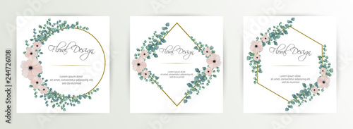 Frame on flower background. Wedding Invitation, modern card Design. geometric golden frame print. eps 10.