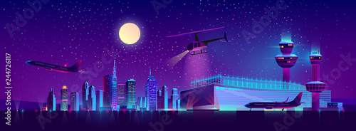 Vector background of night airport with takeoff of the plane and landing of a helicopter. Terminal, control room in bright neon lights, modern illumination. Night sky, landscape with hangar, building.