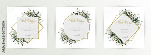 Frame on flower background. Wedding Invitation, modern card Design. geometric golden frame print. eps 10.