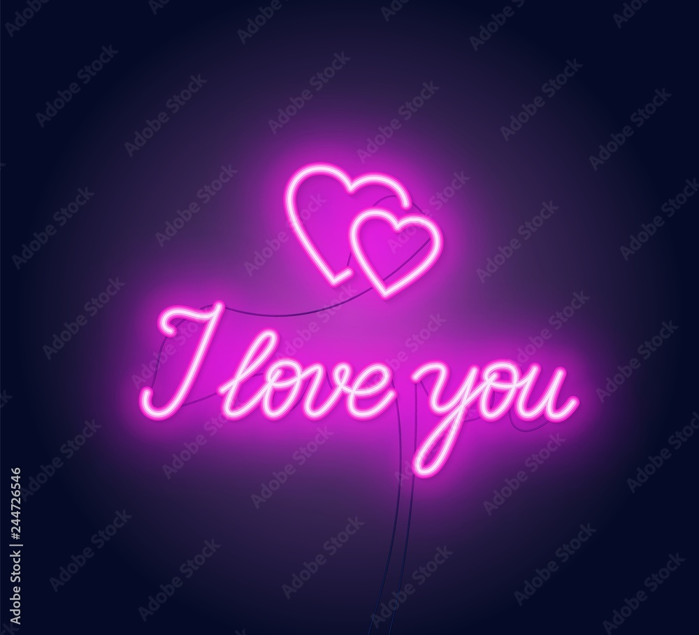 I love you neon lettering . Heart sign. Vector illustration on dark background.