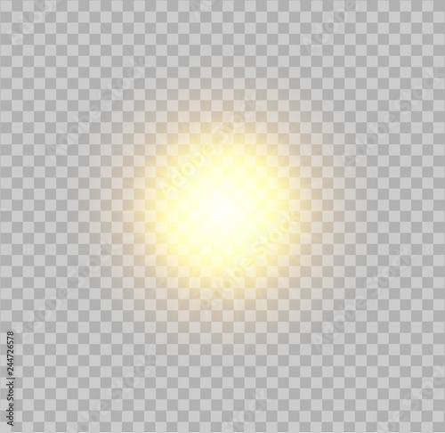 Vector realistic sun on transparent background. Star, flash, glow.