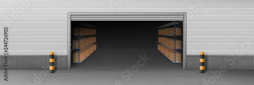 Delivery company warehouse, self-service storage facility, garage or hangar with opened roll gate and cardboard boxes on racks shelves 3d realistic vector illustration. Shipping service depot entrance