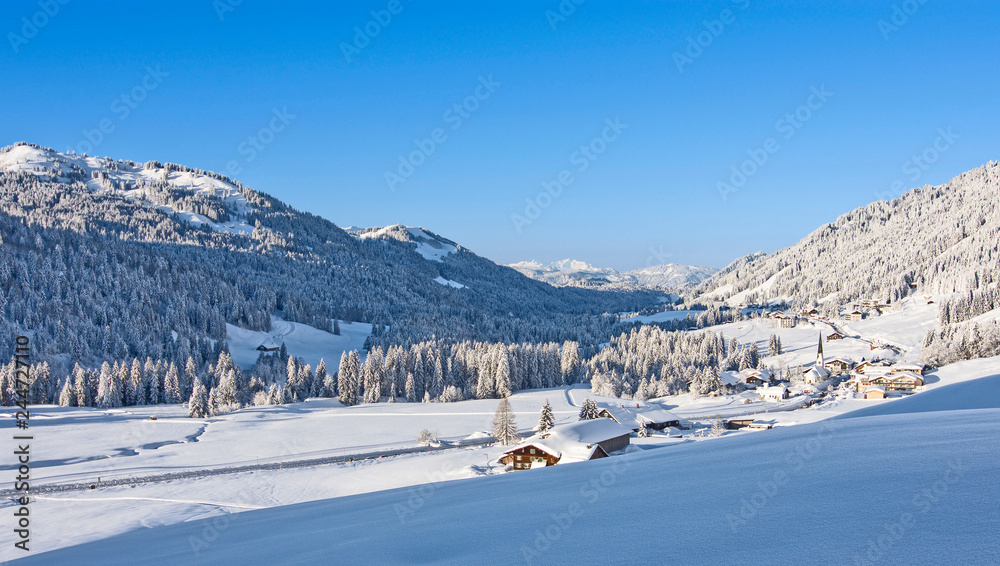 Deeply snow-covered landscape in the mountains with forests and the mountain village Balderschwang at a beautiful winter day. Bavaria, Germany
