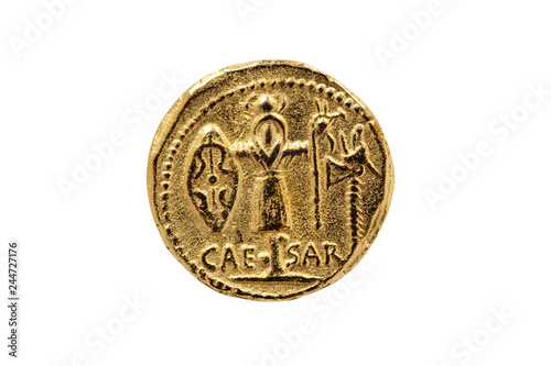 Reverse side of a Roman Aureus Gold Coin replica of Julius Caesar with a Trophy of Gallic Arms struck between 48-47 BC cut out and isolated on a white background