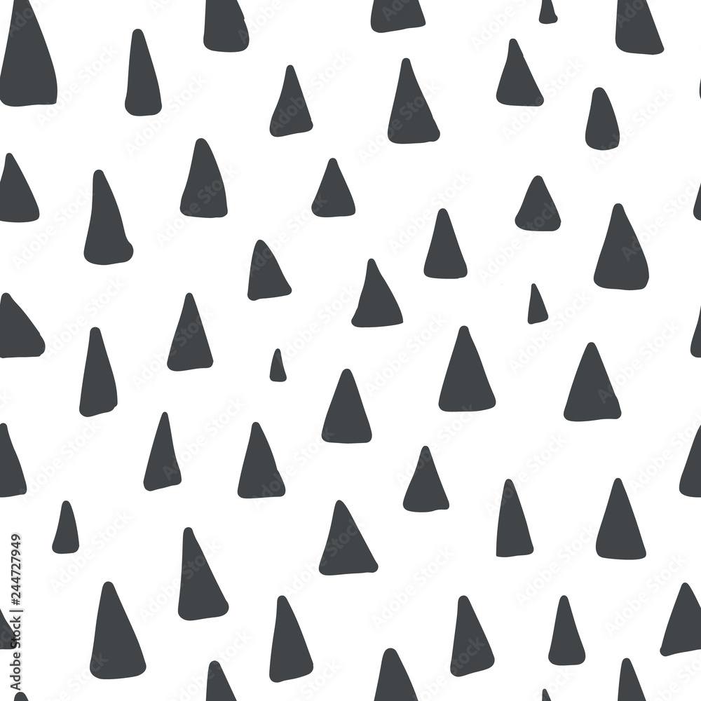 Cute seamless pattern with black hand drawn triangles. Monochrome scandinavian vector texture with doodle mountain or tree shapes for wrapping paper design, cover, surface, wallpaper, textile Cute seamless pattern with black hand drawn triangles. Monochrome scandinavian vector texture with doodle mountain or tree shapes for wrapping paper design, cover, surface, wallpaper, textile