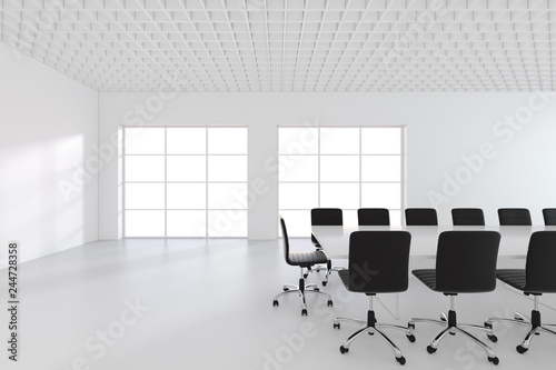 Large spacious meeting room with windows. 3d rendering.