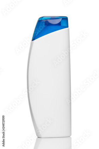 Fototapeta Naklejka Na Ścianę i Meble -  White shampoo bottle with blue cap on white background