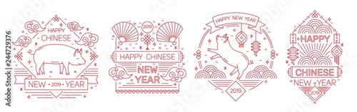 Set of holiday banner templates with Happy Chinese New Year 2019 inscription decorated with pigs, traditional fans and lanterns drawn on line art style. Vector illustration.
