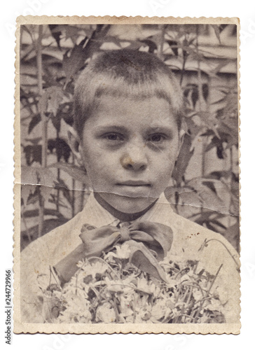 Vintage portrait photo of little boy isolated