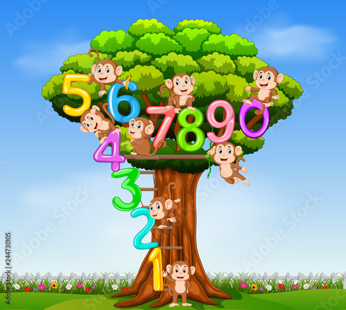 the collection number 0 until 9 with the monkey on the tree