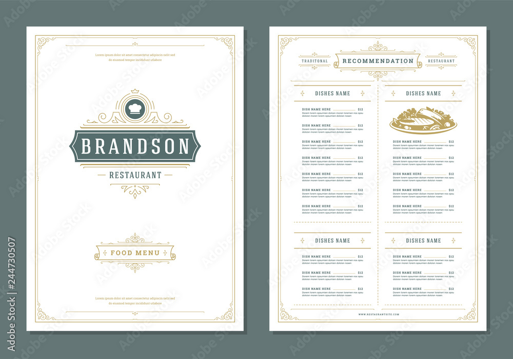 Restaurant menu design and label vector brochure template.