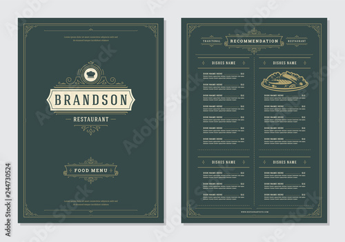 Restaurant menu design and label vector brochure template.