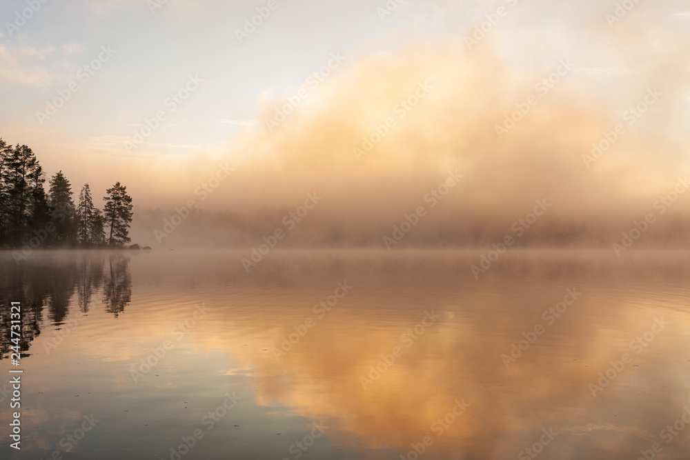 Fog rising from lake at summer morning sunrise landscape