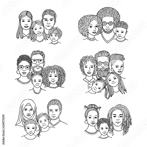 Hand drawn family portraits, parents and children from diverse ethnicities