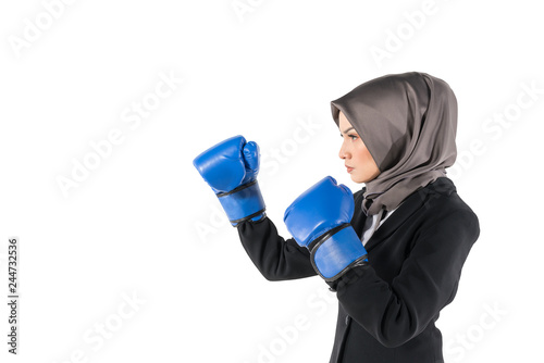 Muslimah fighter with white background.