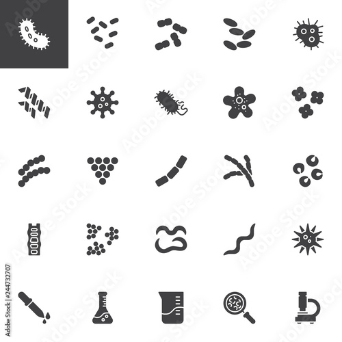 Bacteria and viruses vector icons set, modern solid symbol collection, filled style pictogram pack. Signs, logo illustration. Set includes icons as Cocci Bacteria microorganism, Bacillus, Microscope