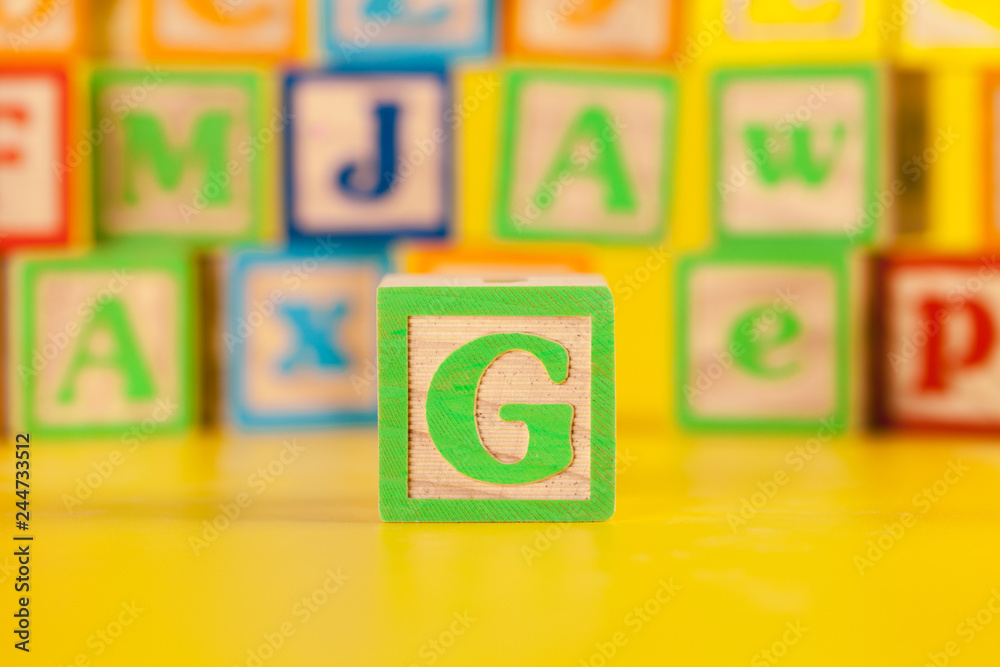 Photograph of colorful Wooden Block Letter G Photograph of colorful Wooden Block Letter G