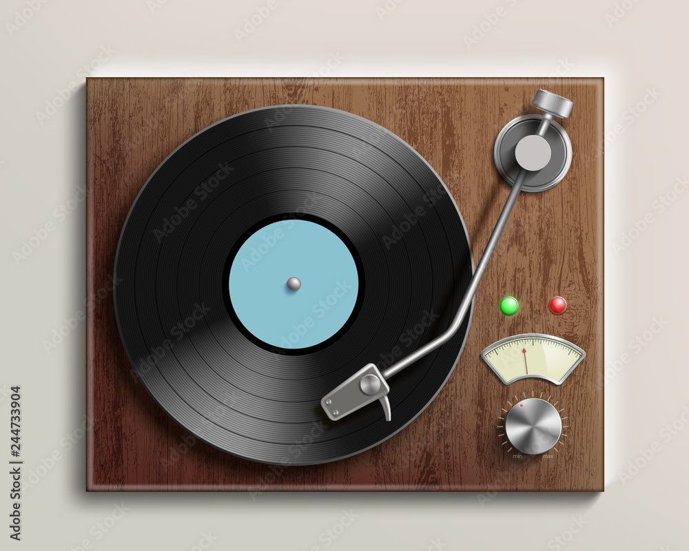 Vintage record player with retro vinyl disc. Realistic illustration. - obrazy, fototapety, plakaty 