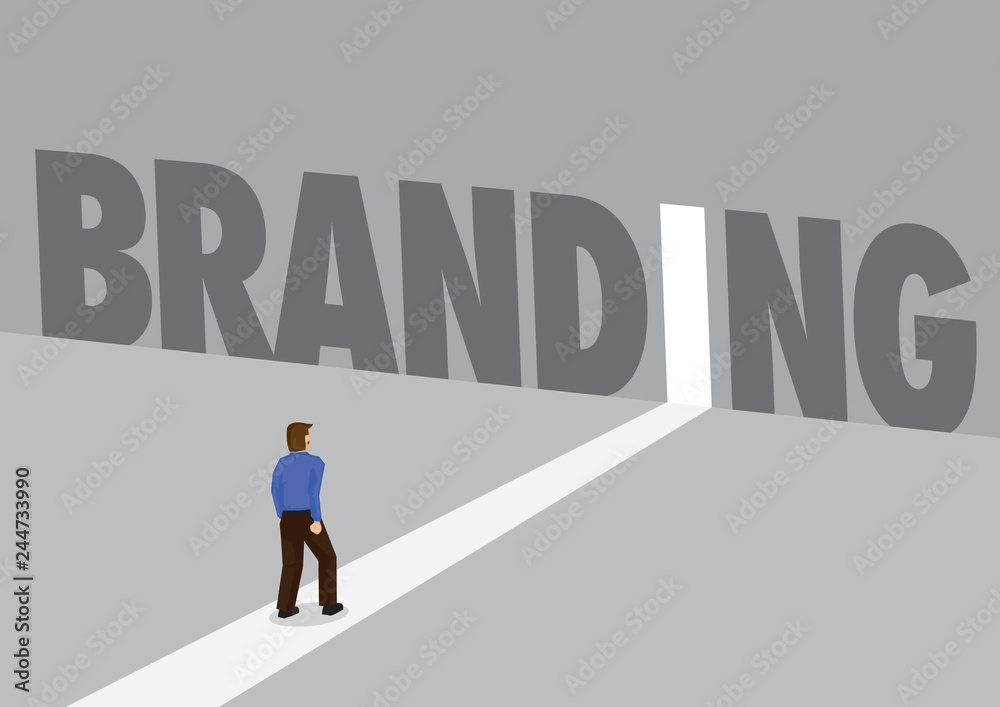 Businessman walking towards a light path with the text brand. Business concept of corporate branding, innovation or overcoming challenge. Vector illustration. Businessman walking towards a light path with the text brand. Business concept of corporate branding, innovation or overcoming challenge. Vector illustration.