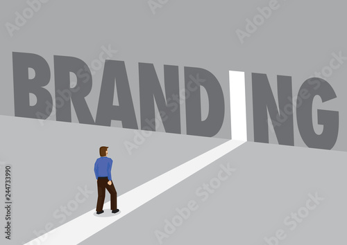 Businessman walking towards a light path with the text brand. Business concept of corporate branding, innovation or overcoming challenge. Vector illustration.