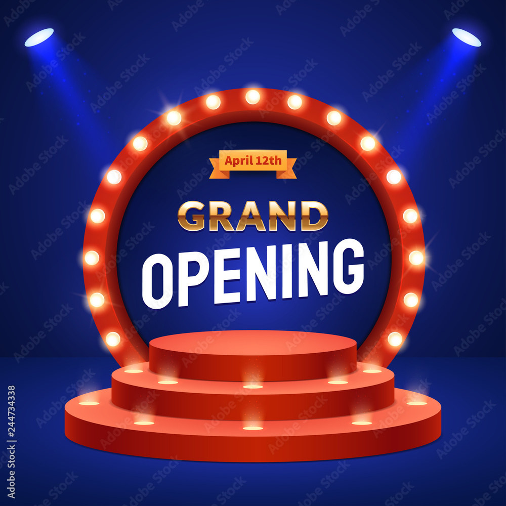 Grand Opening Announcement Concept Stage Podium With Lighting Retro Round  Frame With Light Bulbs Decorations For The Opening Ceremony Background For  Your Event Invitation Vector Eps 10 Stock Illustration - Download Image