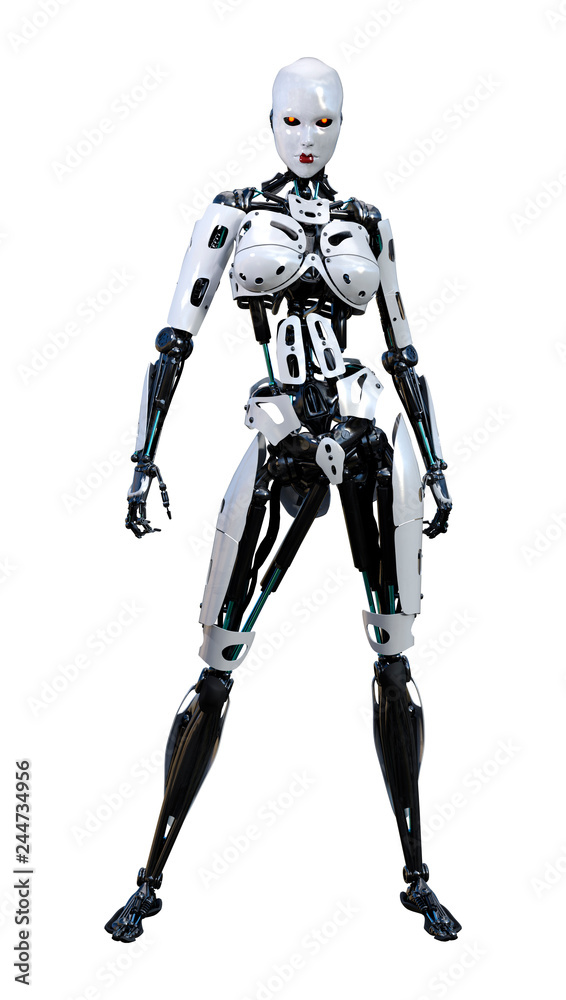 3D Rendering Female Robot on White