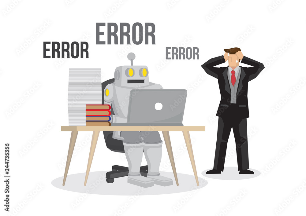 Artificial intelligence robot failures broken down due to overloaded. Artificial brain glitch and error. Future concept. Business man is worry about the failure of his business. Artificial intelligence robot failures broken down due to overloaded. Artificial brain glitch and error. Future concept. Business man is worry about the failure of his business.