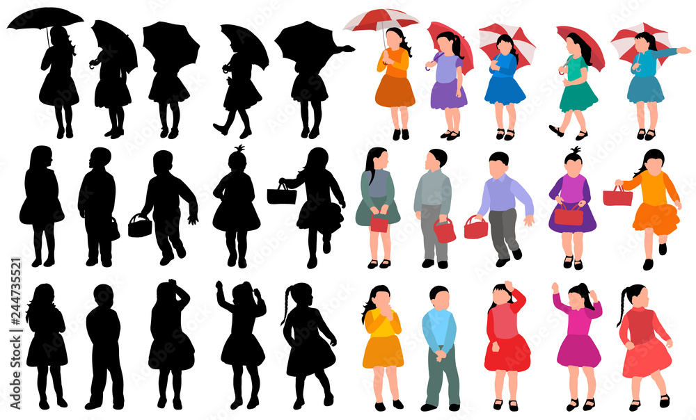 vector, on white background, silhouette kids, set, collection, kindergarten