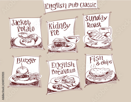 classic english pub meals hand drawn vector labels