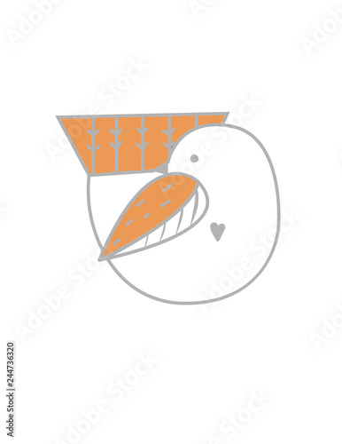 Linear simple illustration of a bird with an orange tail and a wing with a gray heart.