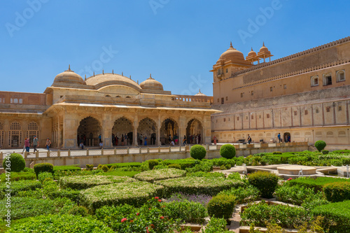 Beautiful view of Amber fort and Amber palace with its large ramparts and series of gates and cobbled paths, Constructed of red sandstone and marble. Located in Amer town Jaipur, Rajasthan, India
