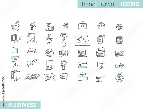 hand drawn set of business themed icons