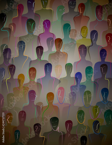 many people, crowd concept, color of inner world of each person,