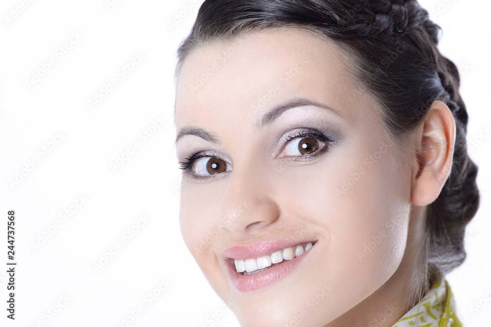 closeup.beautiful modern girl looking up at copy space closeup.beautiful modern girl looking up at copy space