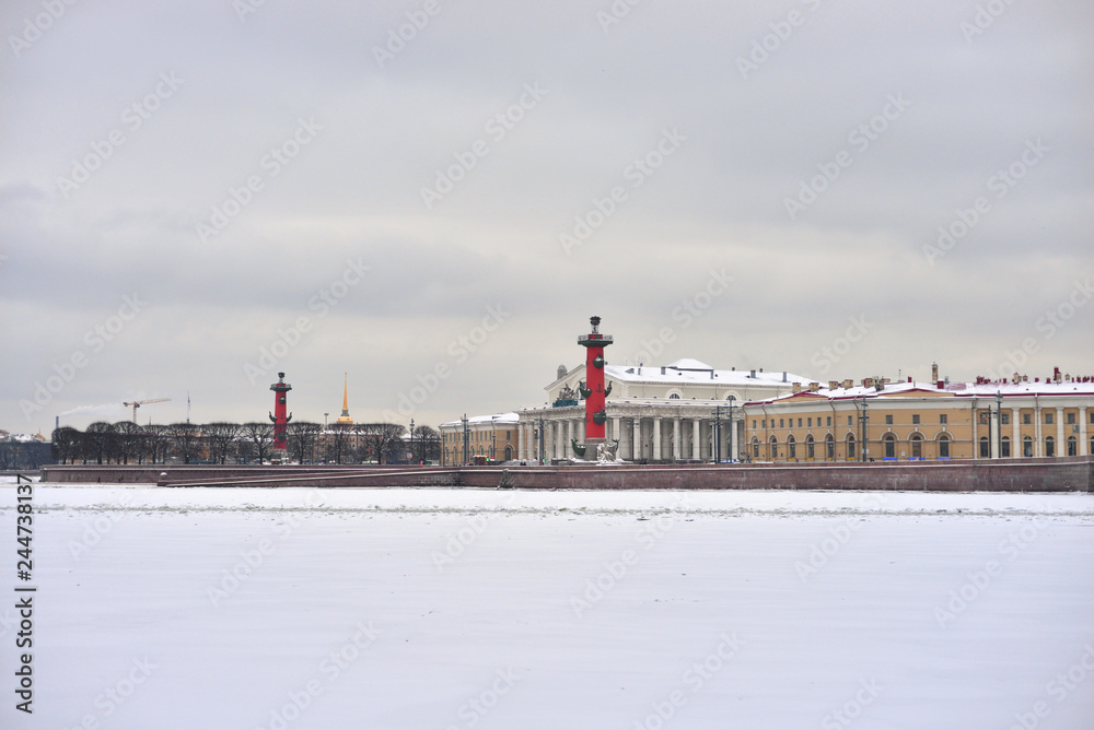View of frozen Neva River and Spit Vasilyevsky Island.