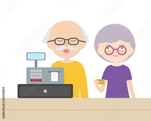 A couple of old people, man and woman paying a credit card at a cash desk, vector