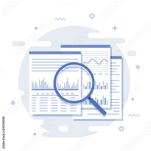 Business data analysis icon isolated on white background. Documents with charts, reports, graphics. Vector.