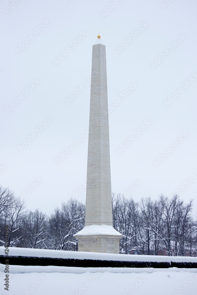 new renovated Obelisk in Gatchina, Leningrad Region, Russia. winter view, vertical photo. 2019
