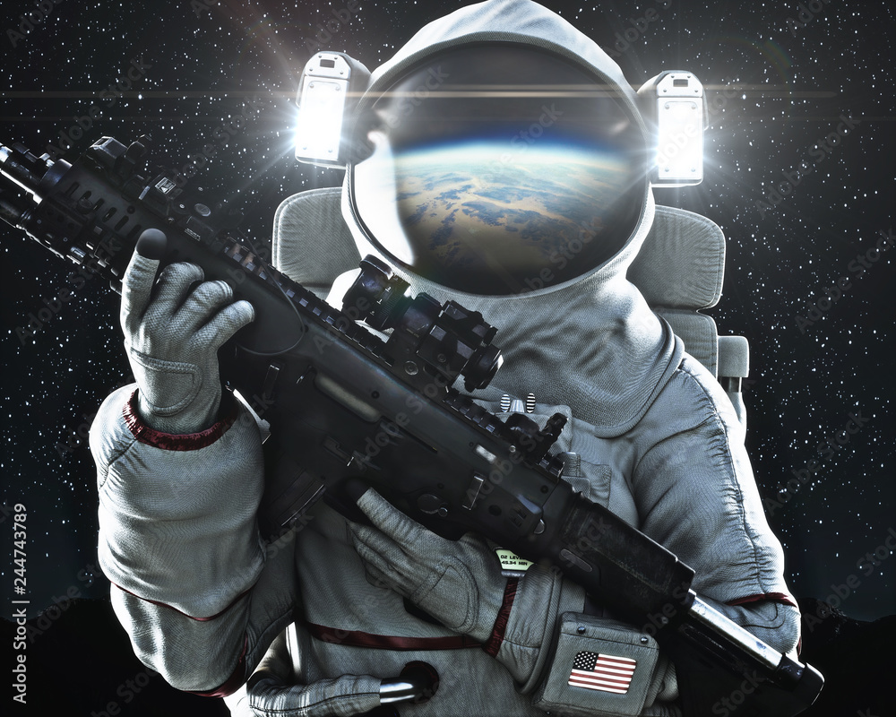 Fototapeta American military space soldier holding a weapon with Earth's reflection in the helmet. 3d rendering