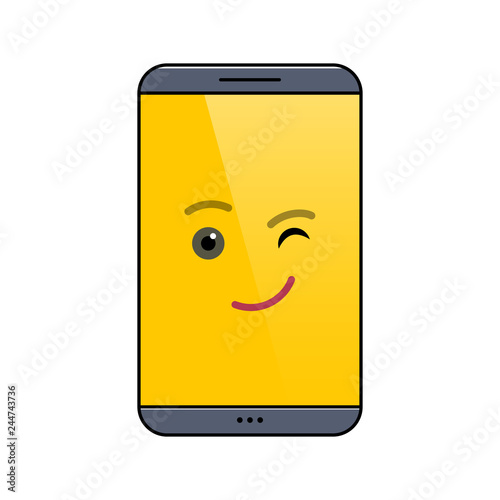 Winking mobile phone isolated emoticon icon. Playful digital device emoji symbol. Social communication and chatting. Blinking smartphone showing facial emotion. Animated cell phone vector illustration