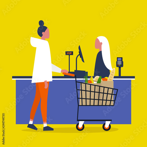 Cashier. Grocery store. A client buying groceries at the supermarket register counter. Daily life. Flat editable vector illustration, clip art