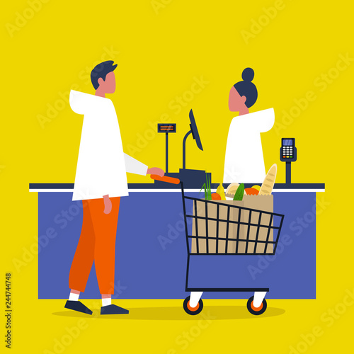 Cashier. Grocery store. A client buying groceries at the supermarket register counter. Daily life. Flat editable vector illustration, clip art