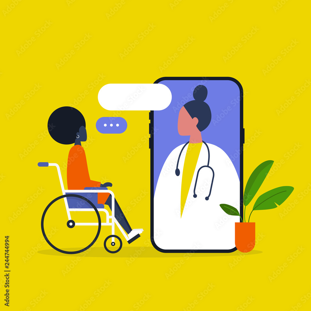 Fototapeta premium Doctor appointment. Online consultation. Modern healthcare technologies. Hospital. Young disabled black female character sitting in a wheelchair. Disability. Daily life.